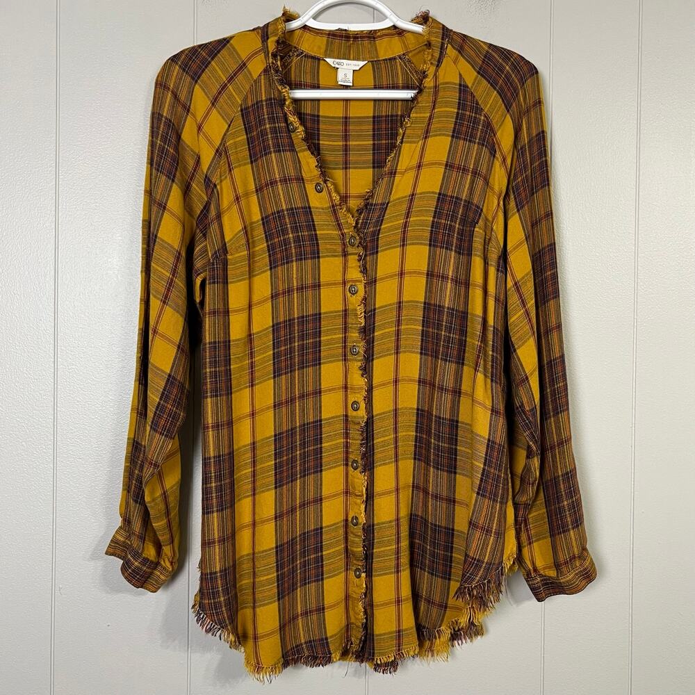 Mustard Plaid Frayed Hem Button Down Shirt Women’s Small Cato Fall